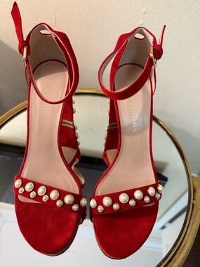 Best Offer! Stuart Weitzman Red Suede Pearl-Embellished Ankle-Strap Sandals